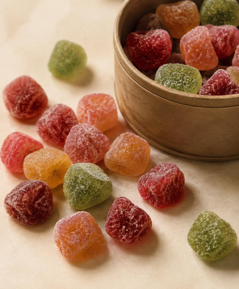 Sugar-dusted fruit gummies scattered beside a kraft tin