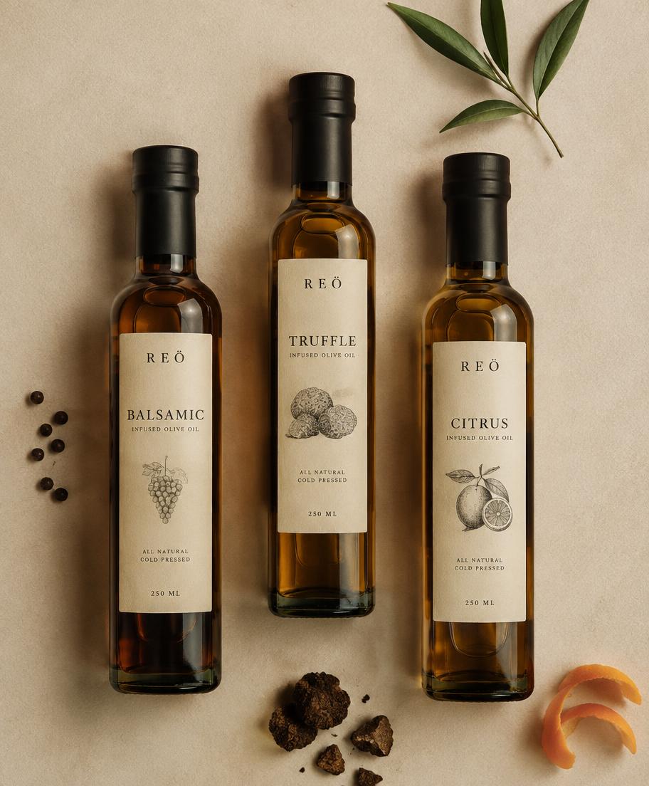 Three amber bottles of infused oil on cream paper