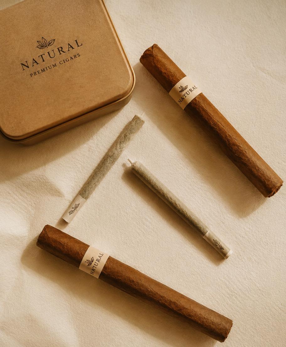 Hand-rolled cigars and pre-rolls arranged beside a kraft tin